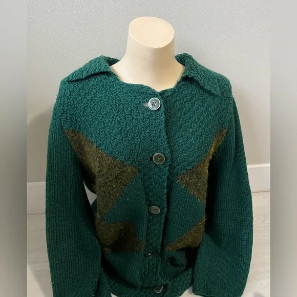 vintage textured knit cardigan sweater emerald green with argyle green pattern - Picture 3 of 7